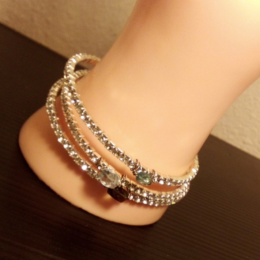 Silver Crystal Multi-Strand Bracelet with Accent Stones